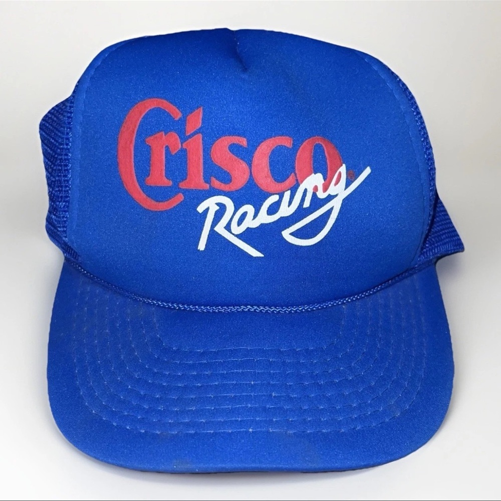 Vintage Crisco Racing Hat Blue Trucker Style Mesh Baseball One Size Snapback Cap